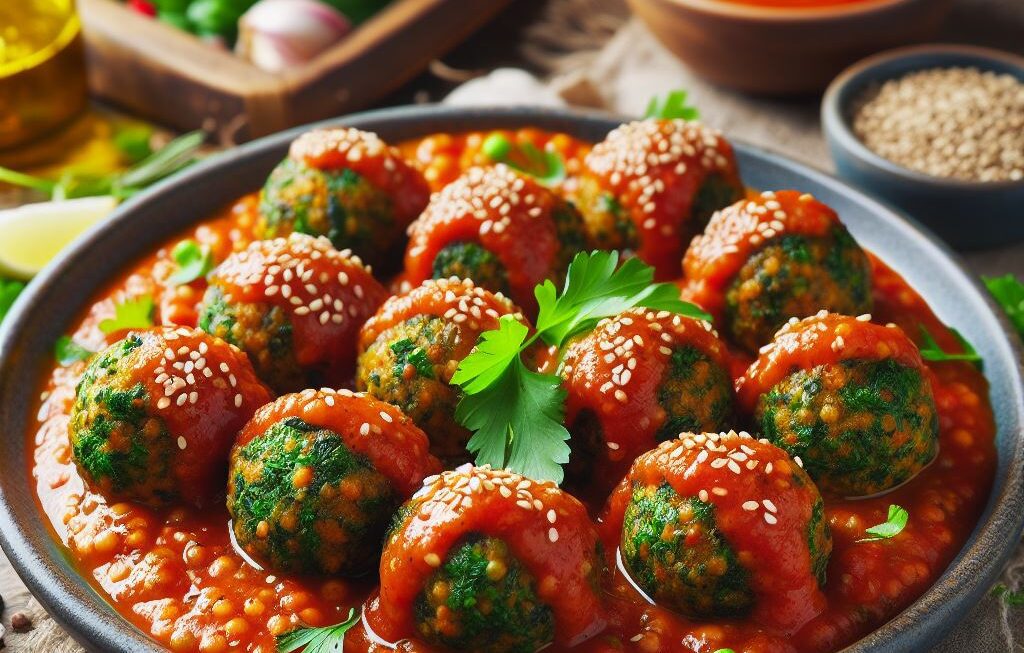 fresh herb lentil tomato balls with homemade tomato sauce sprinkled with sesame seeds