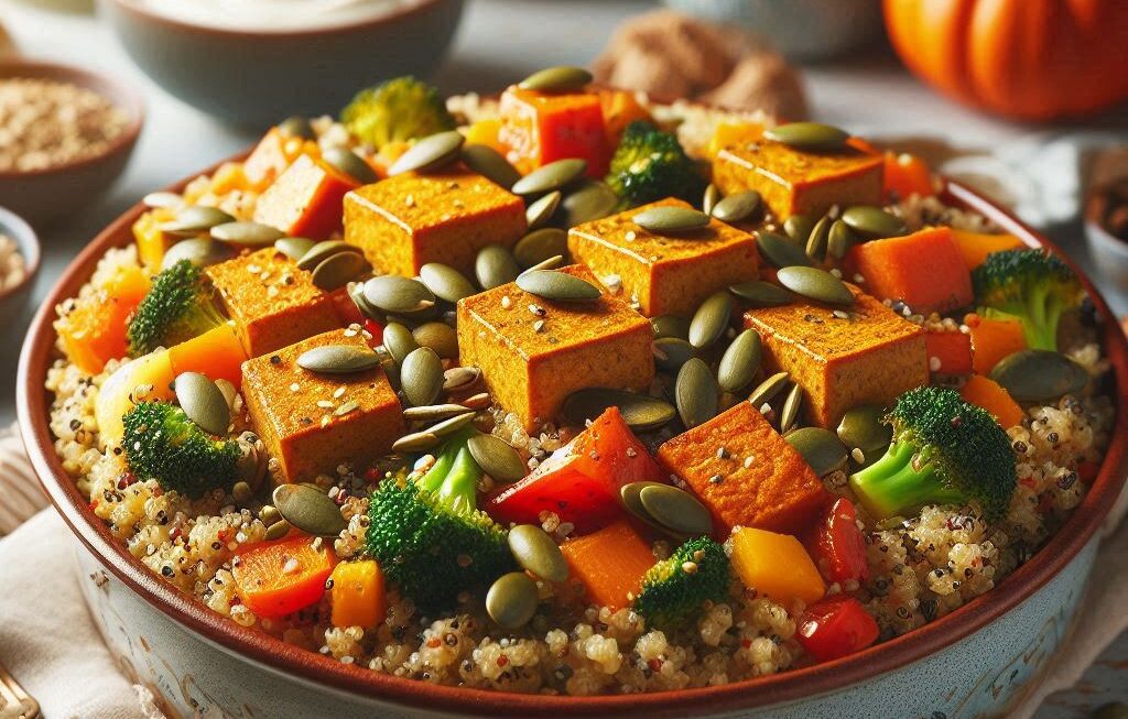 Seasonal Vegetable Quinoa Casserole with Roasted Tofu, topped with Pumpkin Seeds